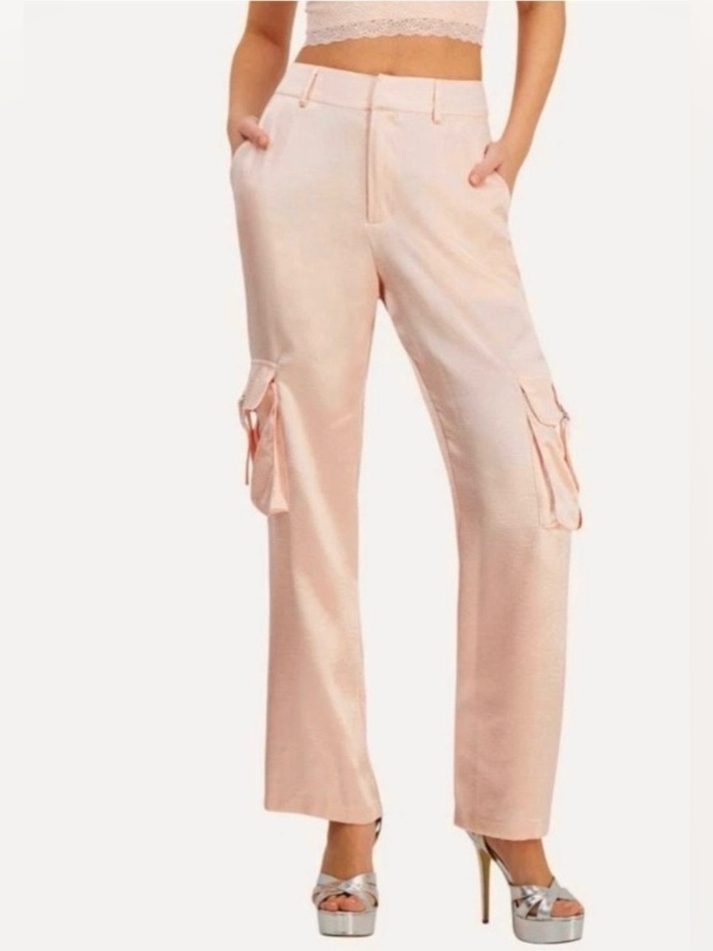 NWT GUESS Jamie High-Rise Satin Cargo Pants in "Wanna Be Pink" - Size L